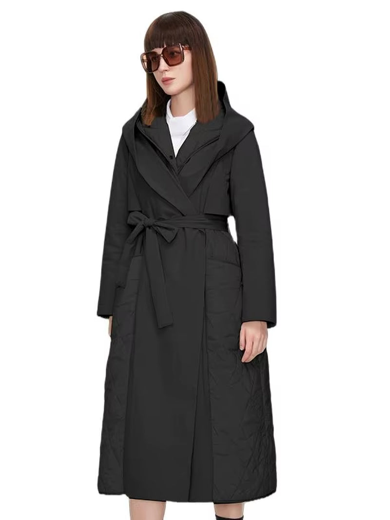 2022 Women Autumn Quilted Jacket Female Long Thin Cotton Trench Coat Hooded Hidden Button Belt Elegant Windbreakers ZM-7285