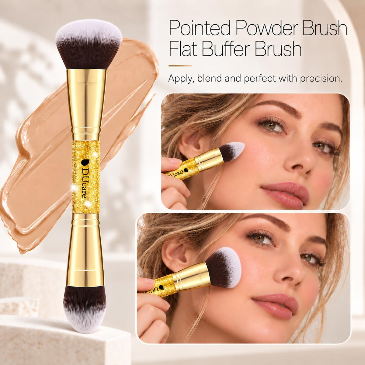 Makeup Brushes Duo End Foundation Powder Buffer Contour 2Pcs Gold