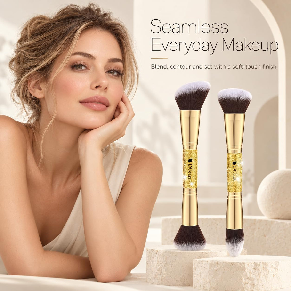 Makeup Brushes Duo End Foundation Powder Buffer Contour 2Pcs Gold