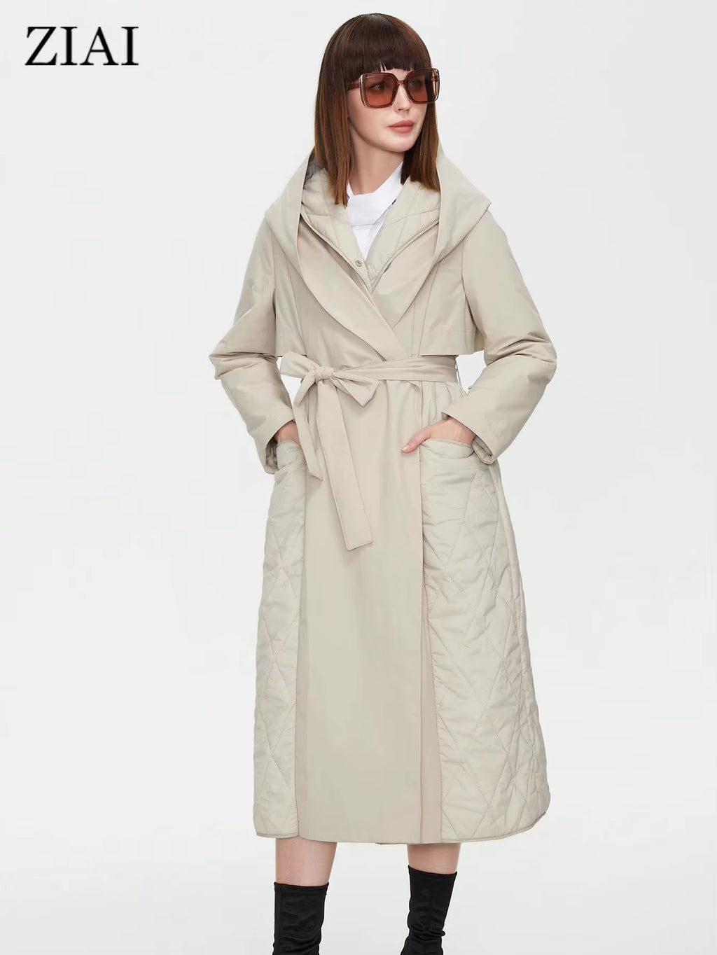 2022 Women Autumn Quilted Jacket Female Long Thin Cotton Trench Coat Hooded Hidden Button Belt Elegant Windbreakers ZM-7285