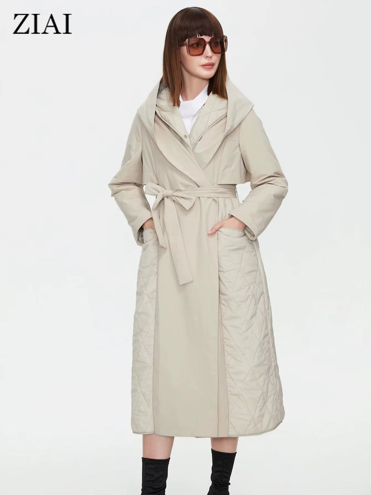 2022 Women Autumn Quilted Jacket Female Long Thin Cotton Trench Coat Hooded Hidden Button Belt Elegant Windbreakers ZM-7285