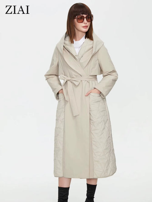 2022 Women Autumn Quilted Jacket Female Long Thin Cotton Trench Coat Hooded Hidden Button Belt Elegant Windbreakers ZM-7285
