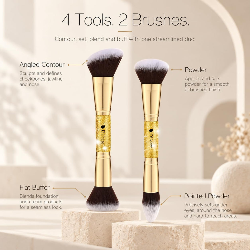 Makeup Brushes Duo End Foundation Powder Buffer Contour 2Pcs Gold