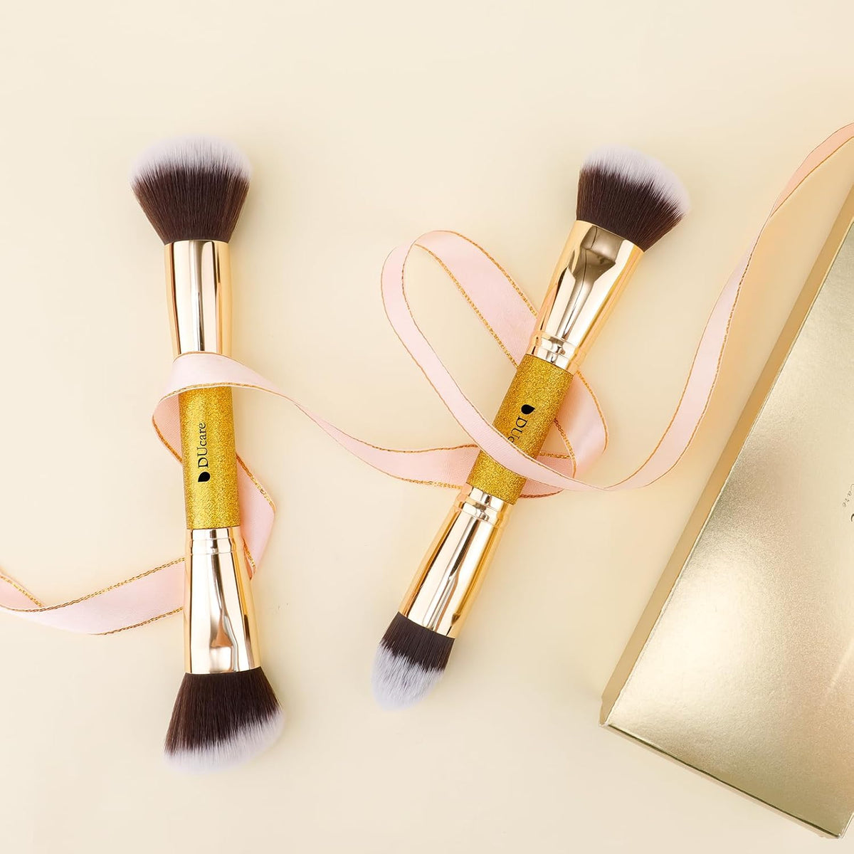 Makeup Brushes Duo End Foundation Powder Buffer Contour 2Pcs Gold