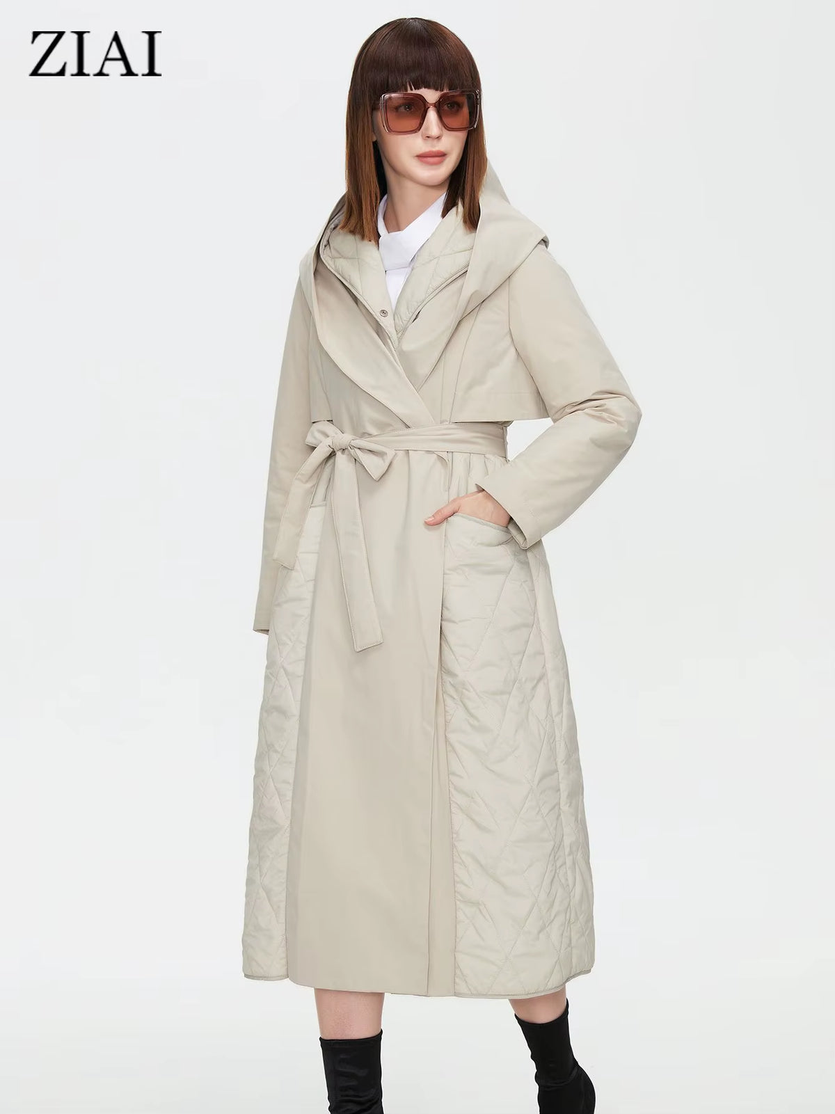 2022 Women Autumn Quilted Jacket Female Long Thin Cotton Trench Coat Hooded Hidden Button Belt Elegant Windbreakers ZM-7285