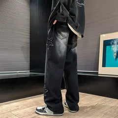 Star Embroidery Straight Casual Men Jeans Gothic Neutral New Wide Leg Loose Hip-Hop Fashion Youth Streetwear Denim Trousers Y2K