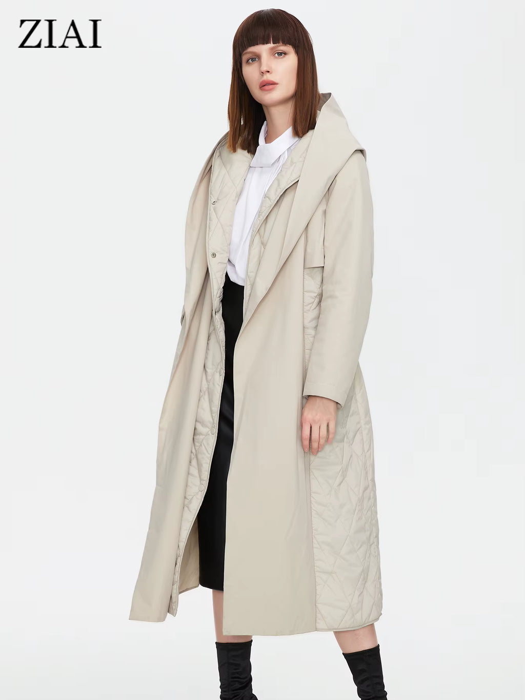 2022 Women Autumn Quilted Jacket Female Long Thin Cotton Trench Coat Hooded Hidden Button Belt Elegant Windbreakers ZM-7285